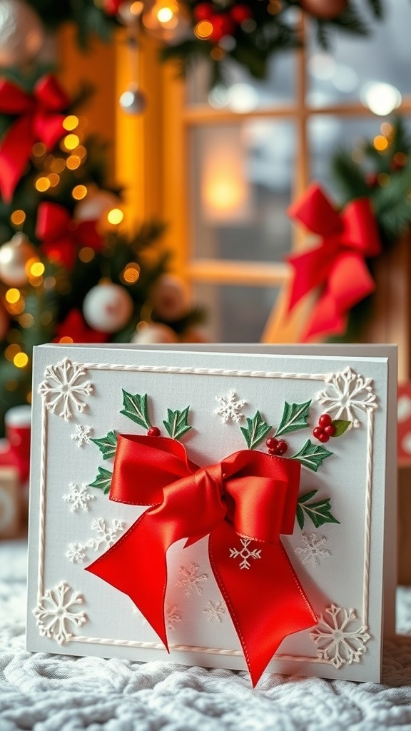 A Christmas card with a red ribbon bow, decorated with snowflakes and holly.